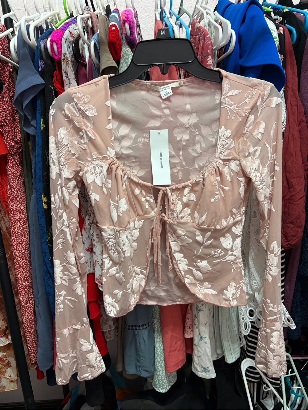 Urban Outfitters Blush Pink Floral Tie-Front Long Sleeve Blouse